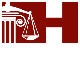 A red and white logo with a scale of justice and a pillar.