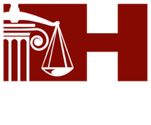 A red and white logo with a scale of justice and a pillar.