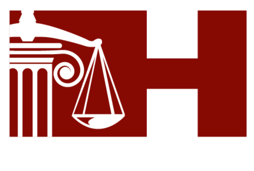 A red and white logo with a scale of justice and a pillar.