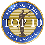 Blue and gold emblem: "Nursing Home Trial Lawyers" encircling "Top 10" and Lady Justice figure.