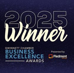 2025 Gwinnett Chamber Business Excellence Awards Winner badge, presented by Piedmont Eastside, on a dark blue background.