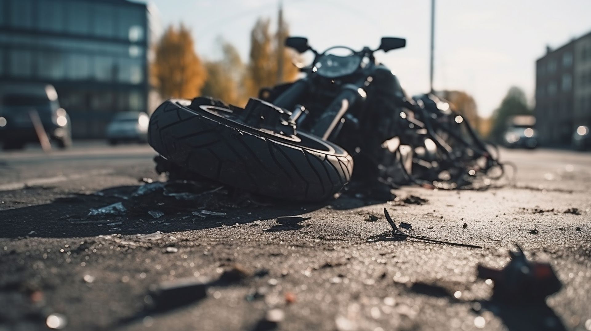 A motorcycle is laying on the ground on the side of the road.