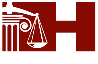 A red and white logo with a scale of justice and a pillar.