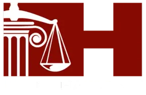 A red and white logo with a scale of justice and a pillar.