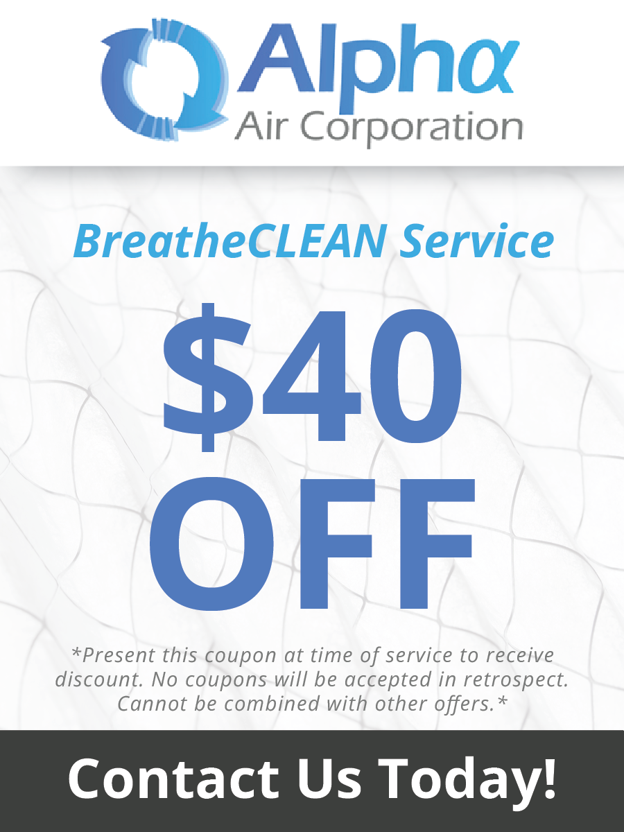 Coupon for Alpha Air Corporation's BreatheCLEAN service, offering $40 off.