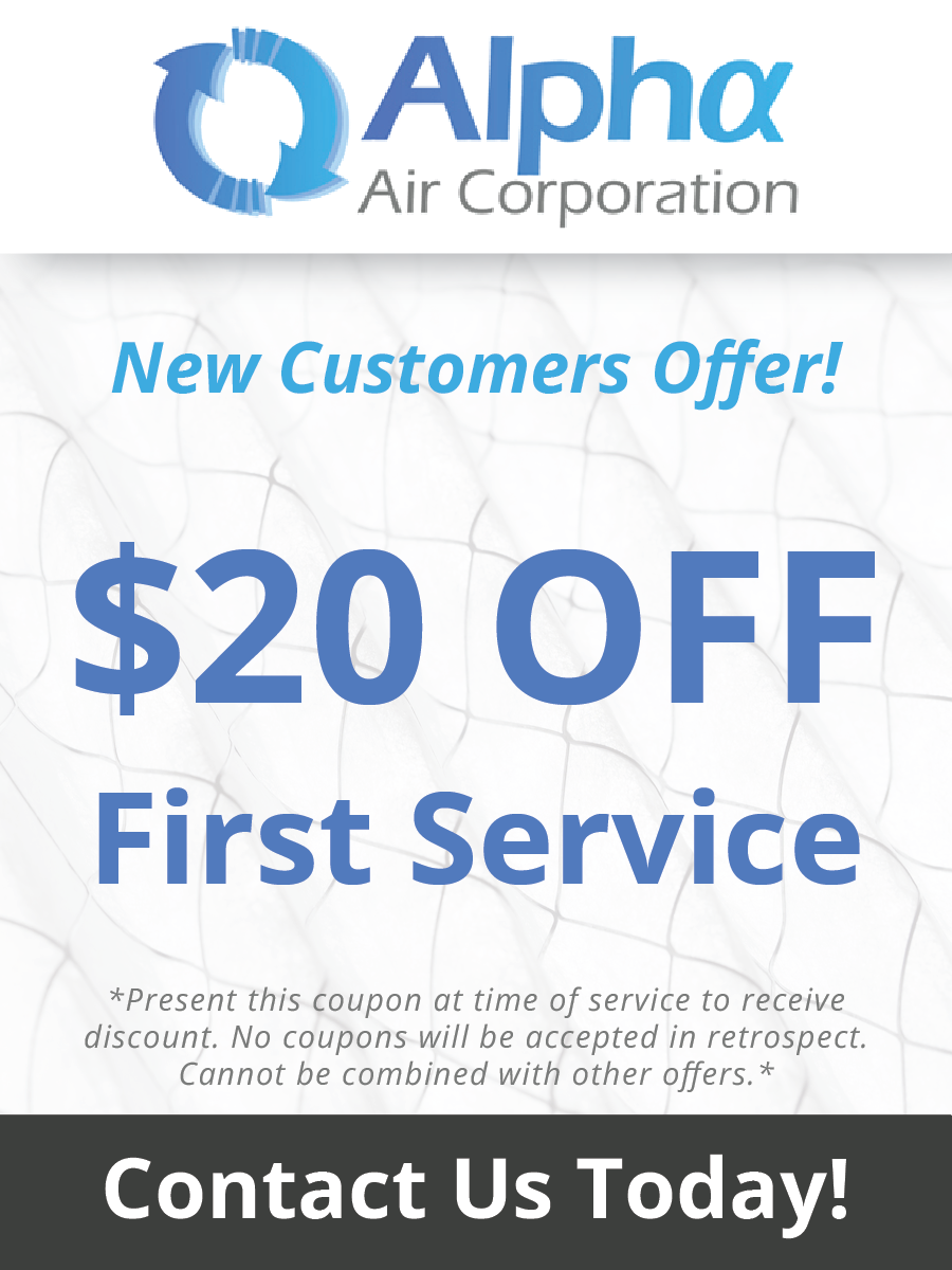 Alpha Air Corp ad. New customers get $20 off first service. Contact info at the bottom.