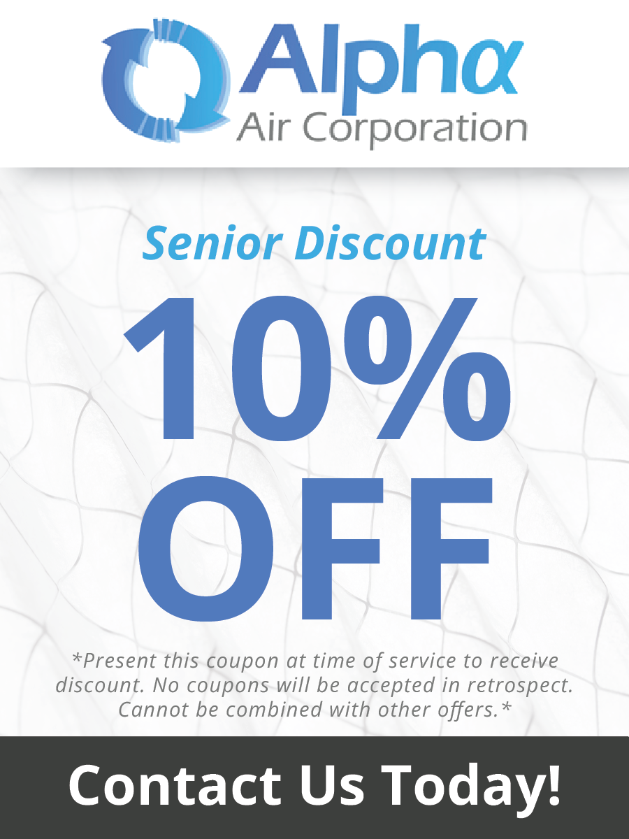 Alpha Air Corporation ad offering a 10% senior discount. Text reads 