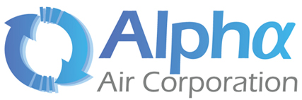 Logo of Alpha Air Corporation. Blue arrows circling with 