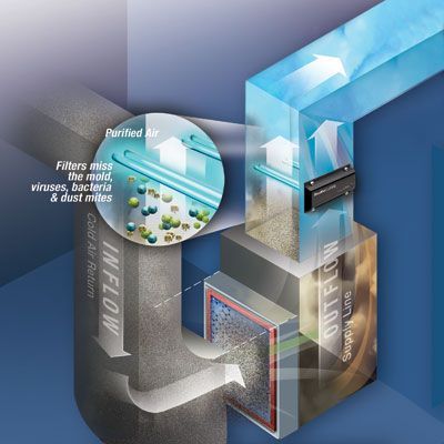 Diagram of an air purification system showing inflow, filters, and outflow of purified air, removing mold, viruses, bacteria, and dust mites.