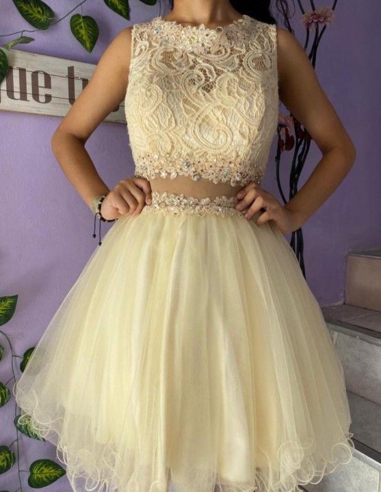 Vestido formal de dos piezas color crema con corpiño de encaje, falda de tul y una persona posando frente a una pared.