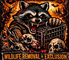 Fierce raccoon snarling beside skulls and a cage, with text: "WILDLIFE REMOVAL & EXCLUSION"