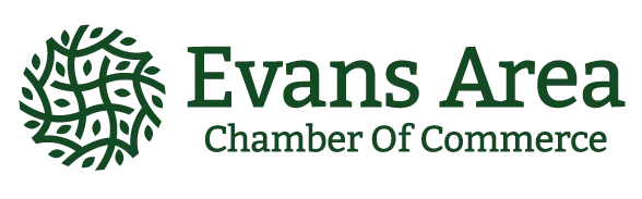 Evans Area Chamber of Commerce logo with a green interwoven plant design and green text.