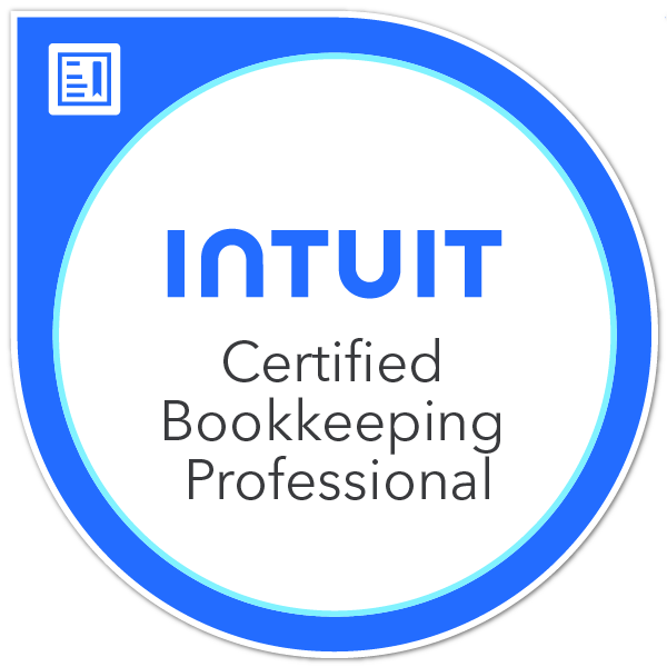 Intuit Certified Bookkeeping Professional badge in blue and white.