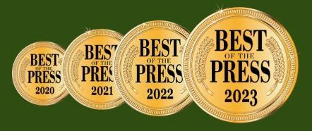 Three gold coins with the words `` best of the press '' on them