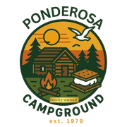 Ponderosa Campground logo with cabin, trees, campfire, sunset, bird, and s’more; family-owned since 1979