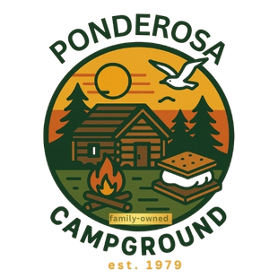 A purple and white logo for ponderosa campground