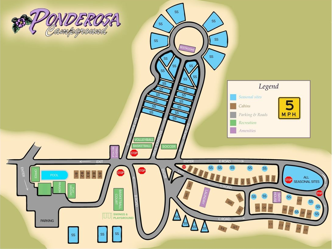 A map of ponderosa shows the layout of the campground