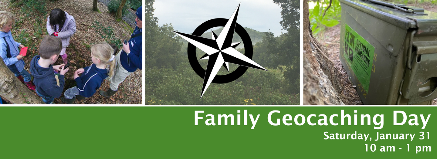 People geocaching outdoors. Compass graphic above text that says 