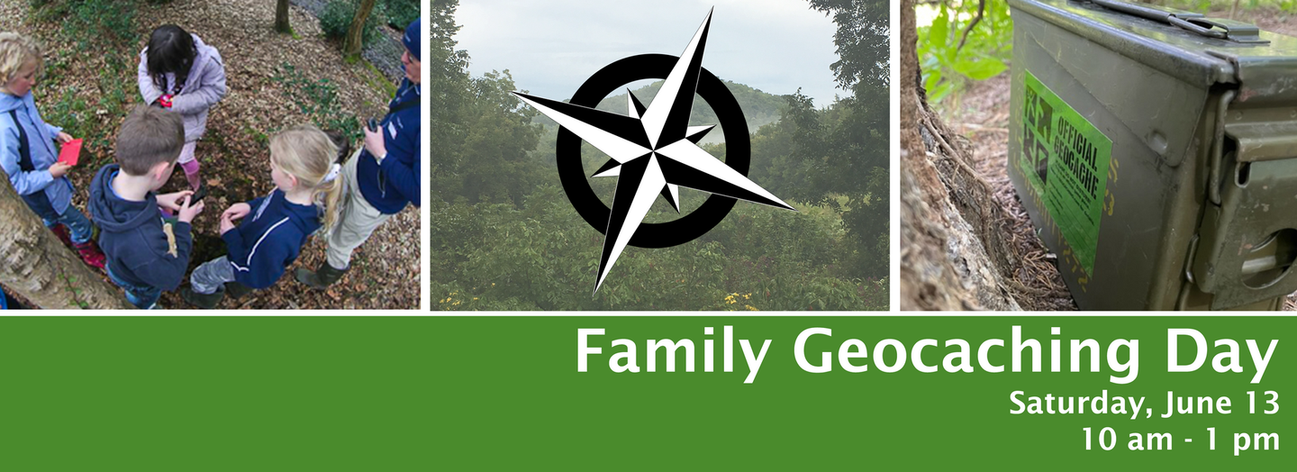 Family geocaching day banner with three photos and a compass logo on a green background. Event date is Saturday, June 13 from 10 am - 1 pm