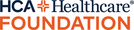The HCA Healthcare Foundation logo, featuring dark blue text and an orange cross icon above the word FOUNDATION.
