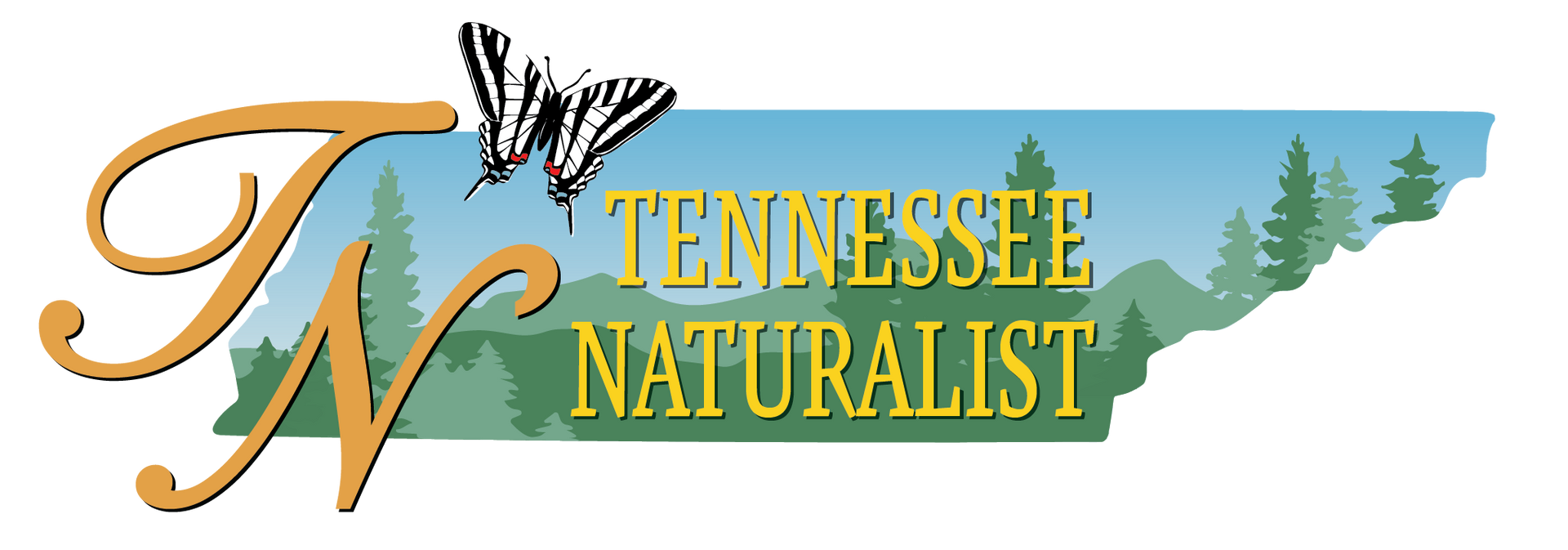 Logo for Tennessee Naturalist featuring the text, a butterfly, and a silhouette of Tennessee with mountains and trees.