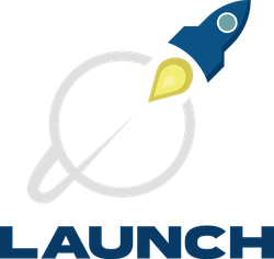 A logo for launch with a rocket in a circle