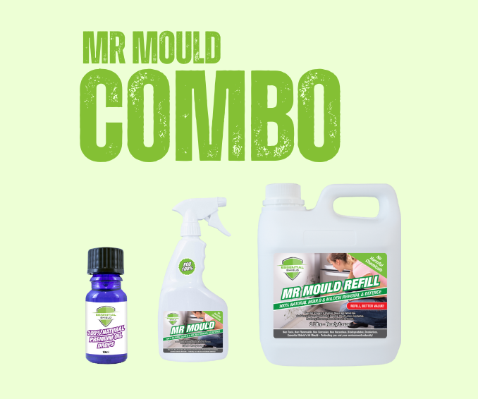 Mr. Mould Combo: spray bottle, refill jug, and essential oil bottle in front of a green