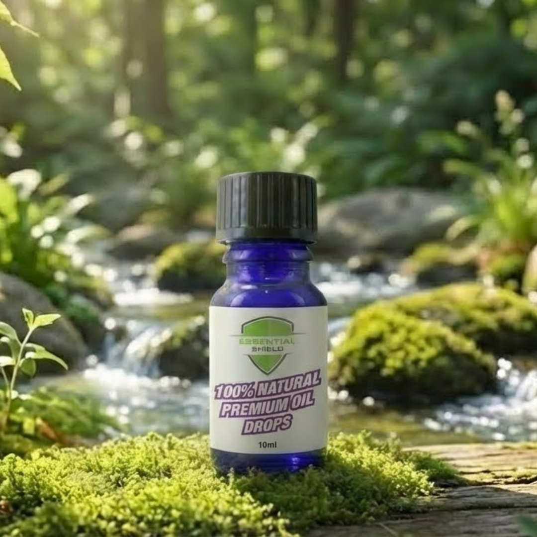 Blue essential oil bottle with green