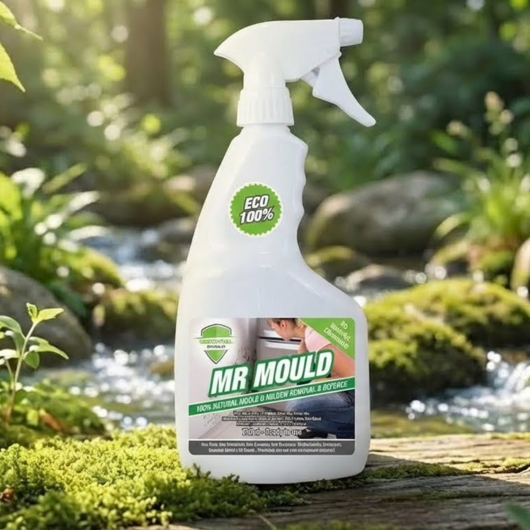 Bottle of Mr Mould cleaner, 750ml, with spray nozzle, on a light green background.