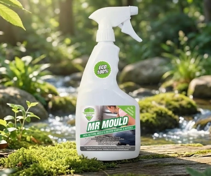 Mr Mould Odour Combo: Spray bottle and four essential oil bottles with green logo and text on a light green background.