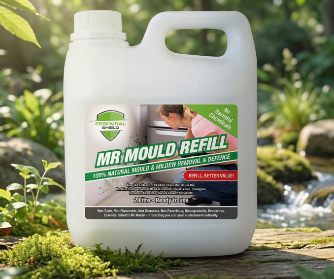 Mr. Mould 2-liter refill container with green label and text. A woman is cleaning mold.