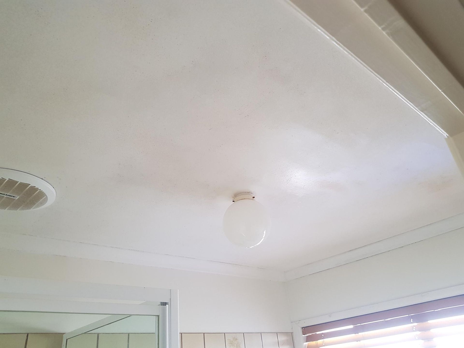 White ceiling with a light fixture and slight discoloration.