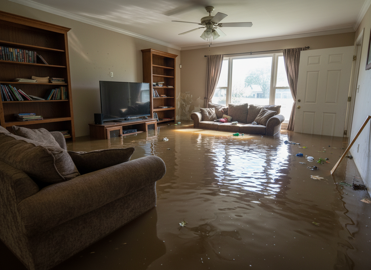 Living room flooded with brown water; furniture and debris floating.