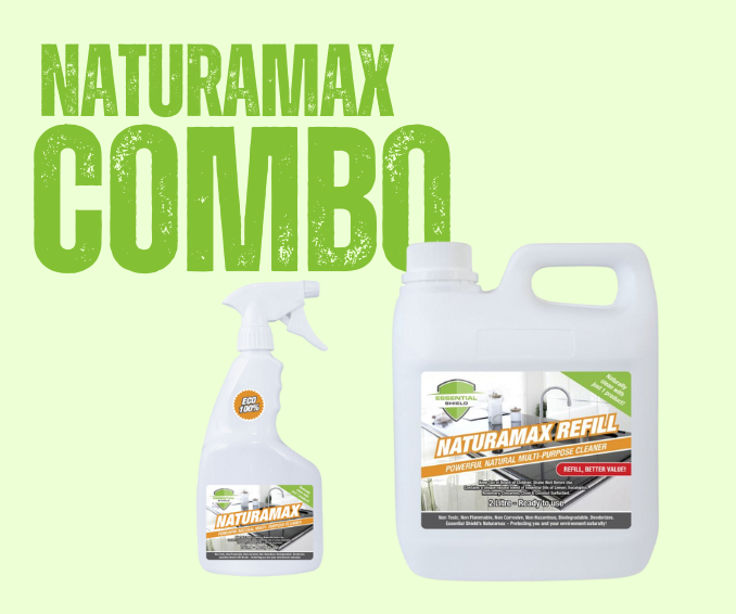 Naturamax combo: spray bottle and refill jug with green text on a light green background.