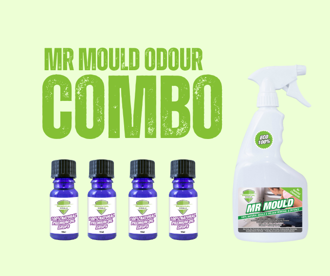 Mr Mould Odour Combo: Spray bottle and four essential oil bottles with green logo and text on a light green background.
