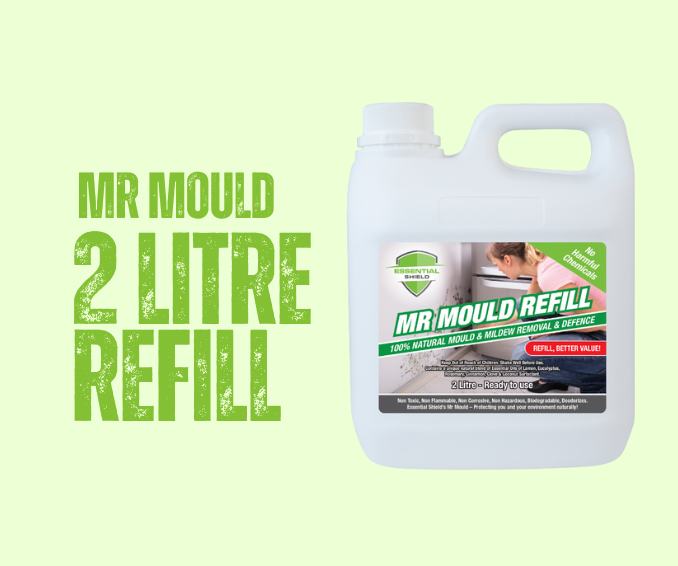 Mr. Mould 2-liter refill container with green label and text. A woman is cleaning mold.