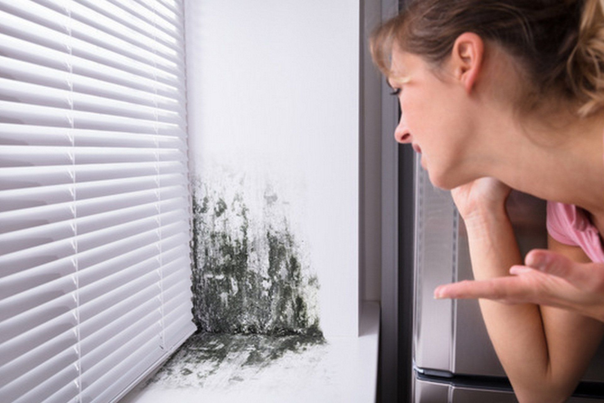 Woman looking concerned at mold growing on a wall near a window.