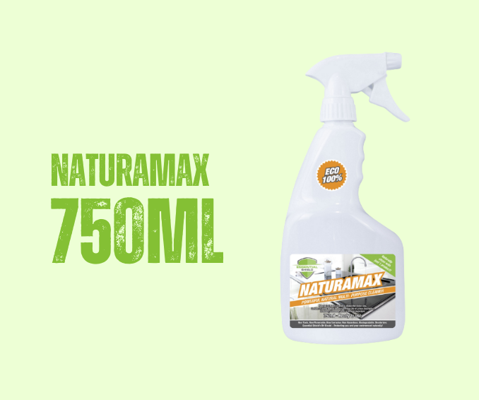 NaturaMax spray bottle with green and white branding, capacity 750ml, on a light green background.