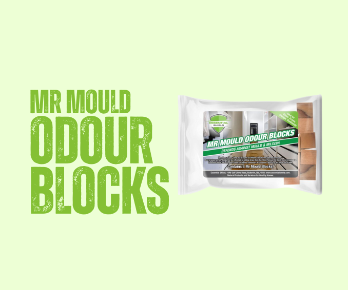 Mr. Mould Odour Blocks product packaging on a light green background. Blocks are light brown, packaging is white.