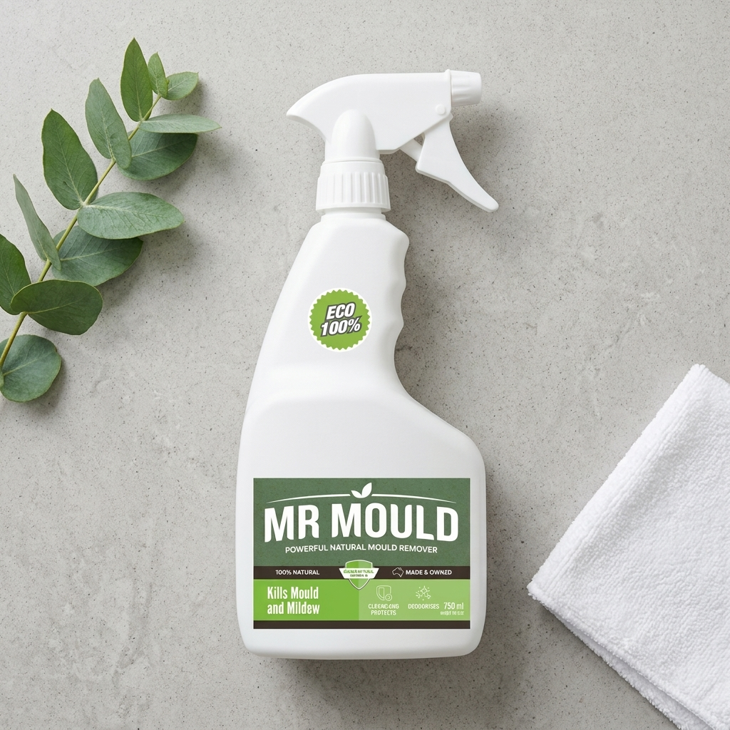 White MR MOULD spray bottle on a light surface with green leaves and folded white cloth nearby