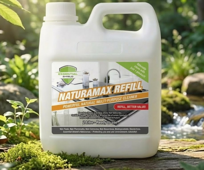 Naturamax combo: spray bottle and refill jug with green text on a light green background.