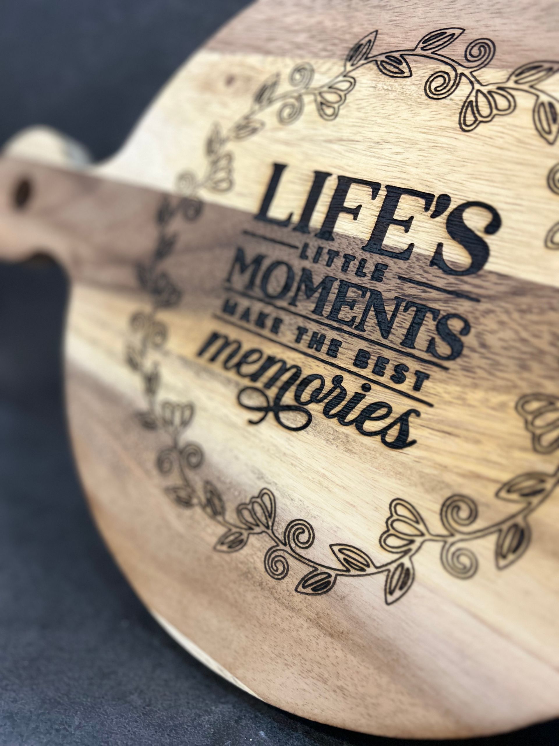 Laser engraved in cutting board.