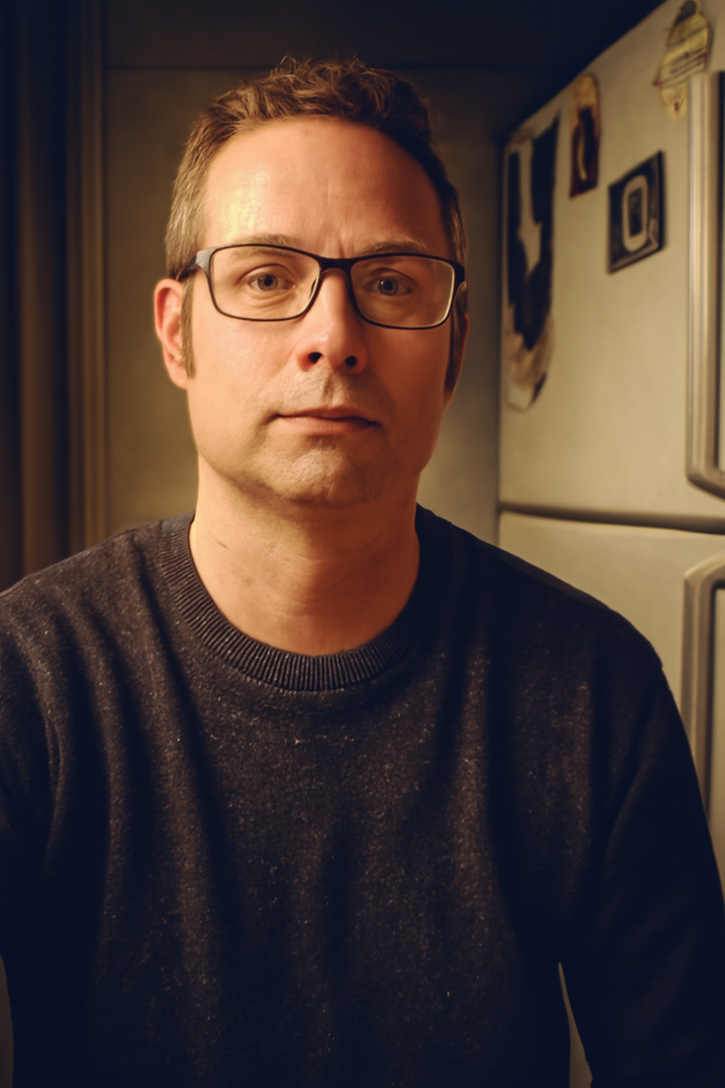 A man is holding a microphone in front of a wall of pots and pans