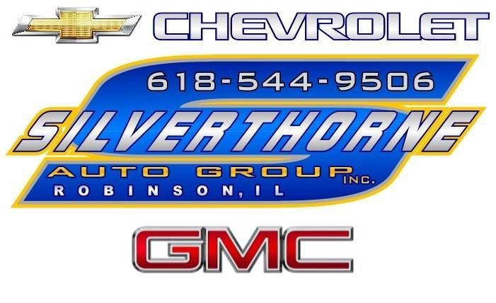 Logo for Silverthorne Auto Group in Robinson, IL, featuring Chevrolet and GMC branding and the phone number 618-544-9506.