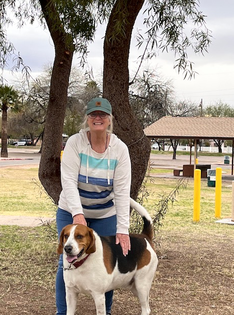 A woman standing next to a beagle dog in a park