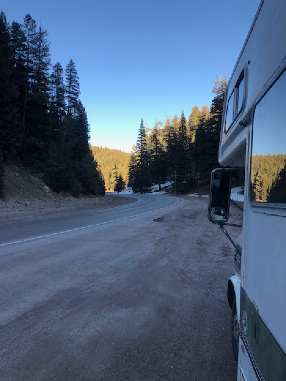 A rv is parked on the side of the road next to a forest.