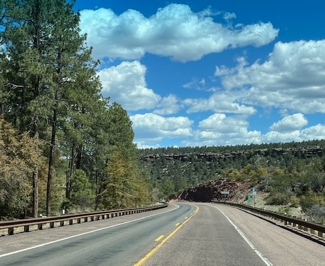 A highway with trees on both sides and a blue sky with clouds