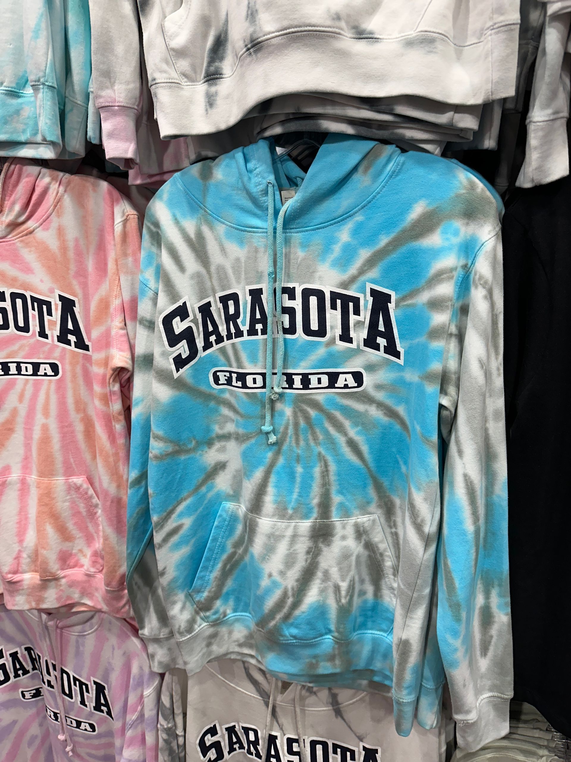 Tie-dye sweatshirt, blue and gray swirls, with 