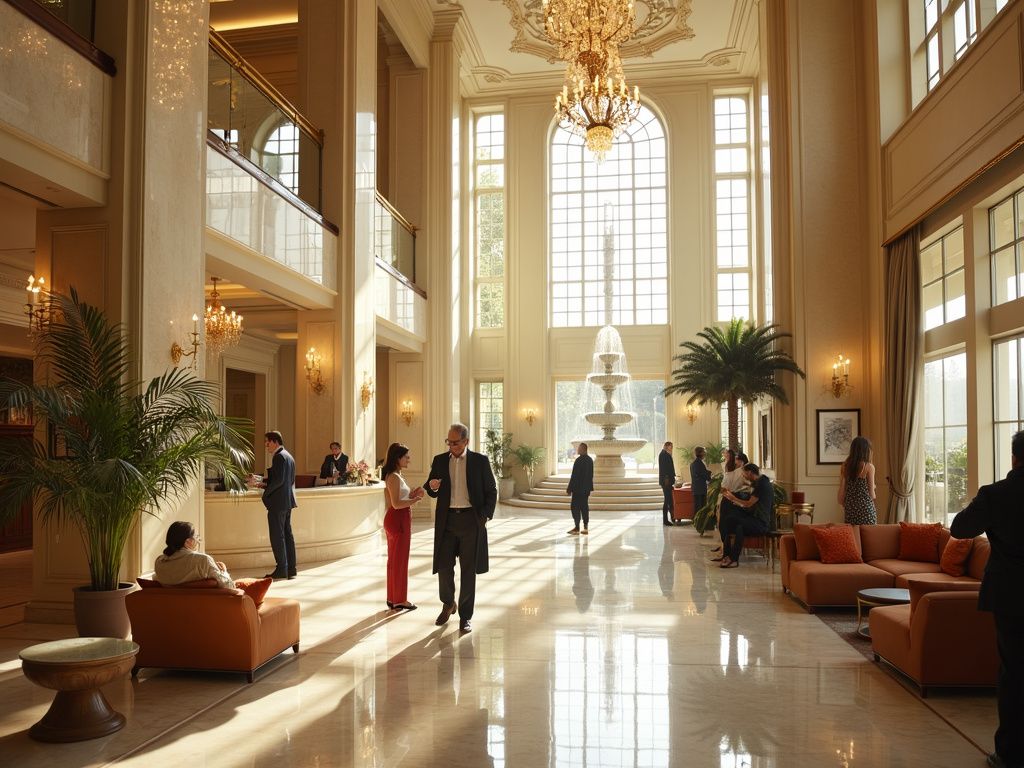 A group of people are standing in a large lobby of a hotel.