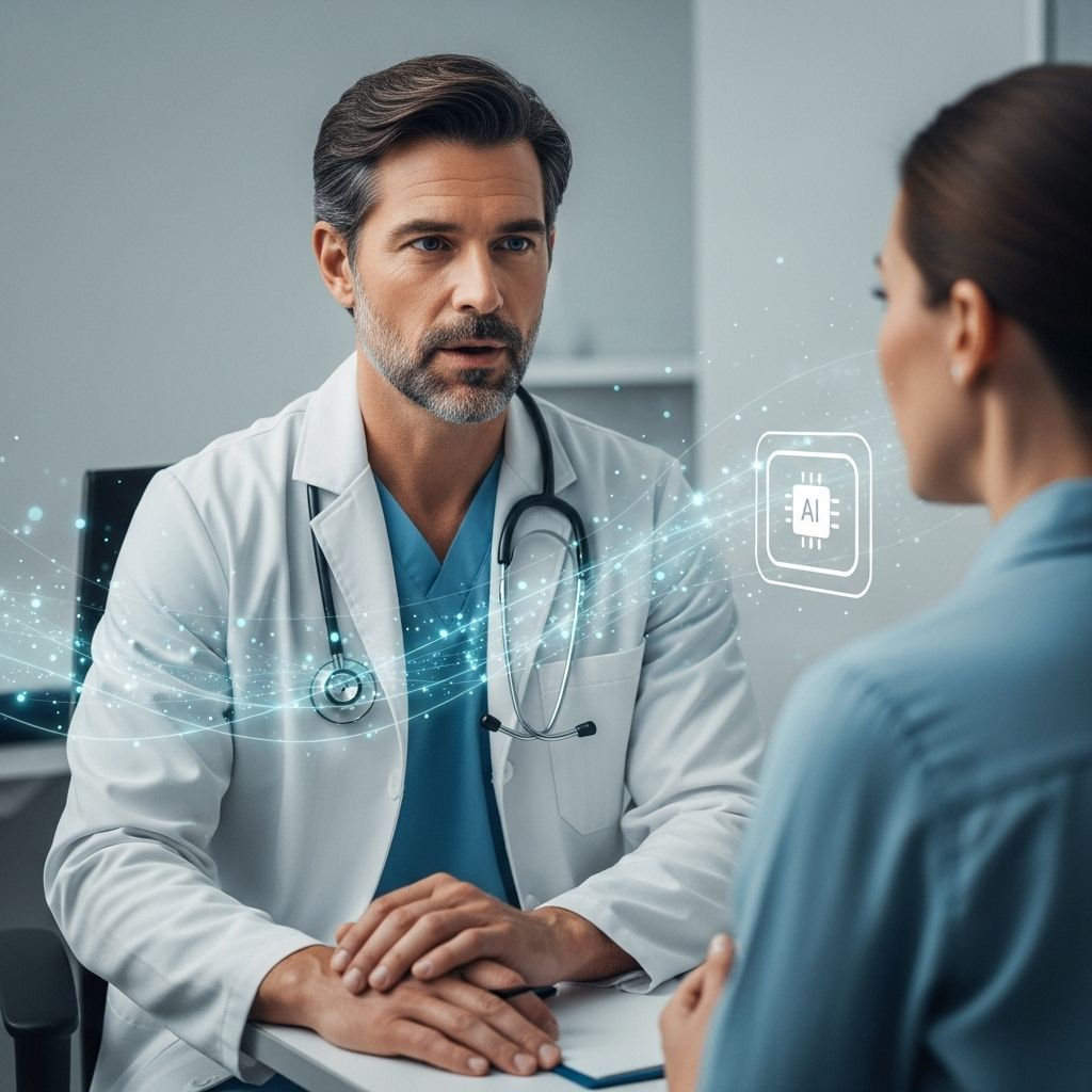 A doctor is sitting at a desk talking to a patient.